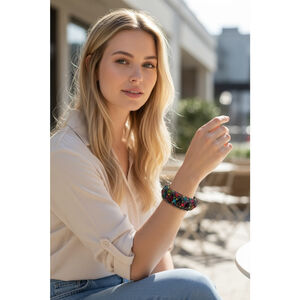 VINTAGE BRASS TONE MULTI COLOR ACRYLIC CLAMPER BRACELET